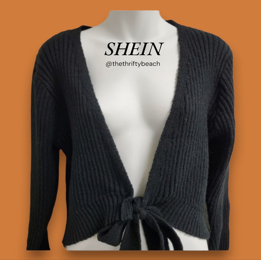 SHEIN Curve Black Ribbed Knit Tie Front Cropped Cardigan 0XL